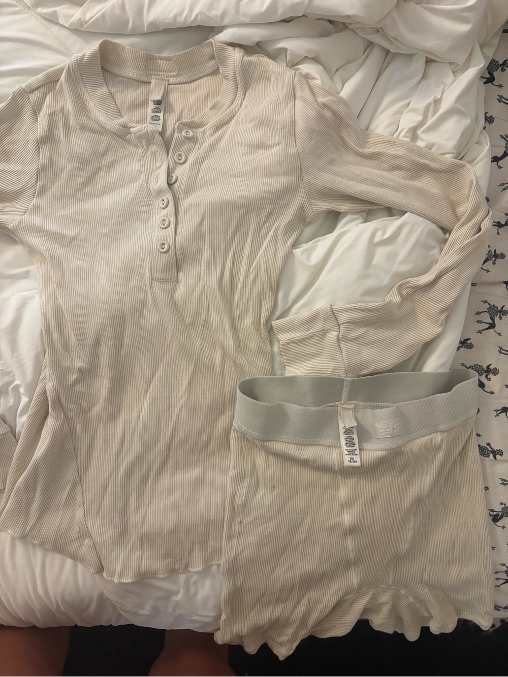 Skims Cream Ribbed Henley Top & Shorts Set